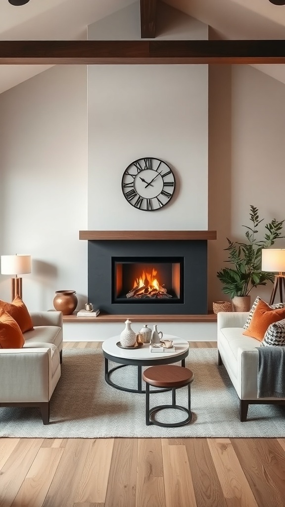 Cozy contemporary living room with a fireplace as the focal point, featuring light walls, dark fireplace frame, and inviting furniture arrangement.