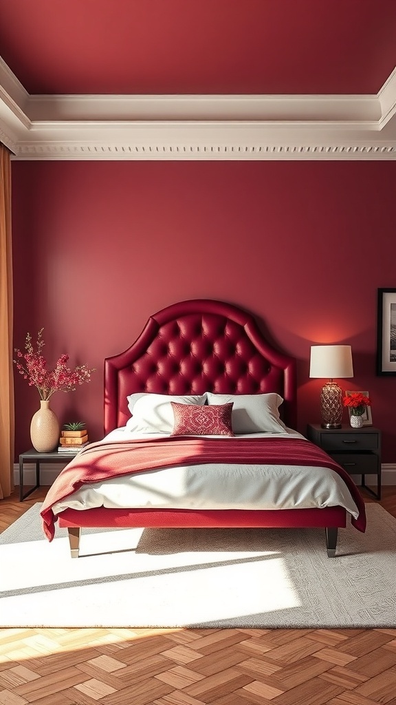A cozy maroon bedroom featuring a plush maroon headboard, neutral bedding, and warm lighting.