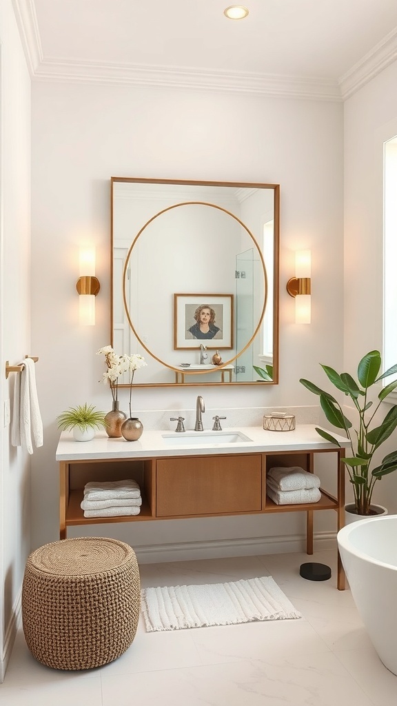 A stylish bathroom featuring a large round mirror, warm wooden cabinetry, and elegant decor.