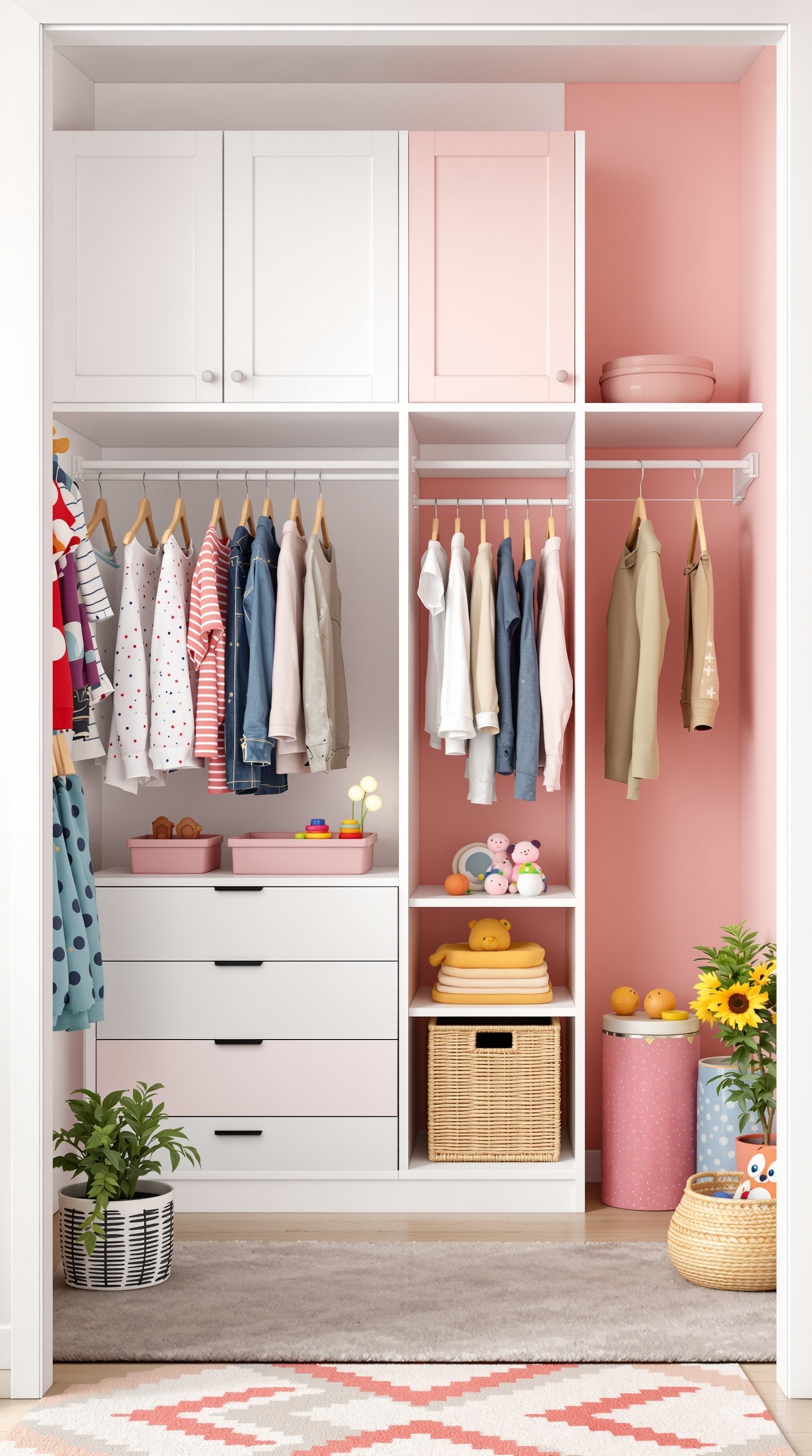 A colorful and organized toddler closet featuring hanging clothes, drawers, and playful storage bins.