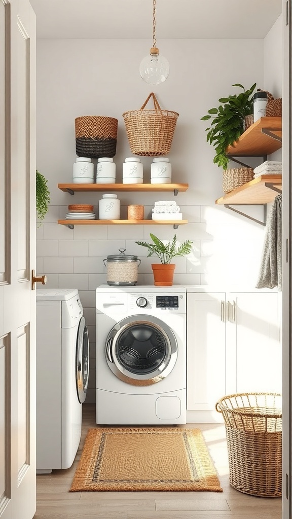 A bright and organized laundry room with a washer, dryer, open shelves, and storage baskets.