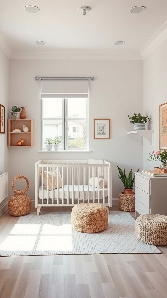 A small, well-organized nursery with a crib, changing table, and decorative storage.