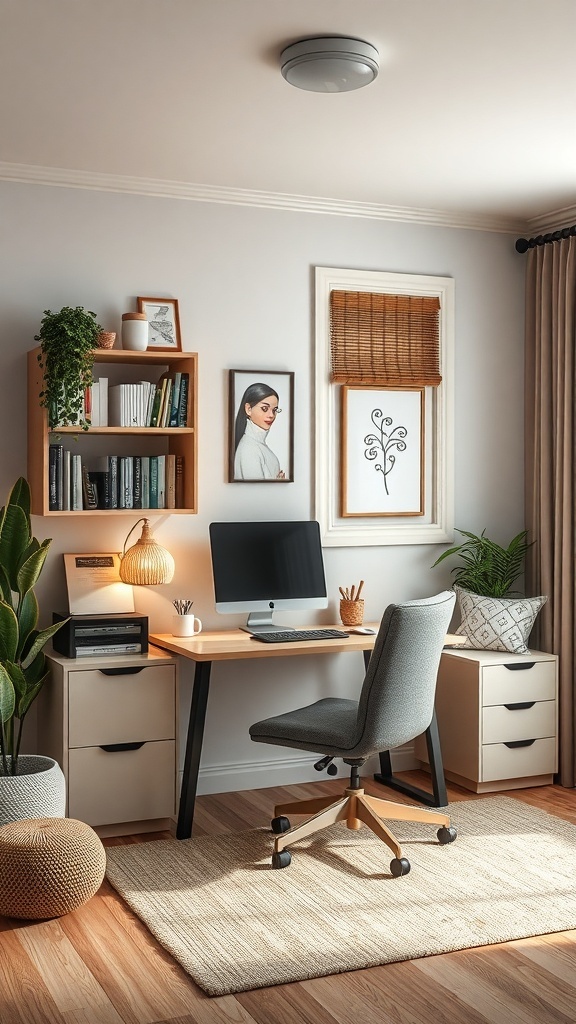 A cozy home office with a desk, chair, computer, bookshelves, and plants.