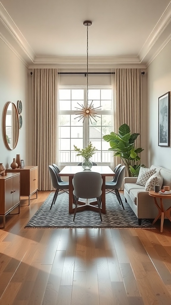 A small dining room with a central table, four chairs, a sideboard, and a large window with curtains.