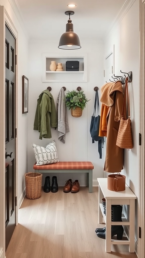 A narrow hallway designed as a mudroom with a bench, hooks for coats, and decorative elements.
