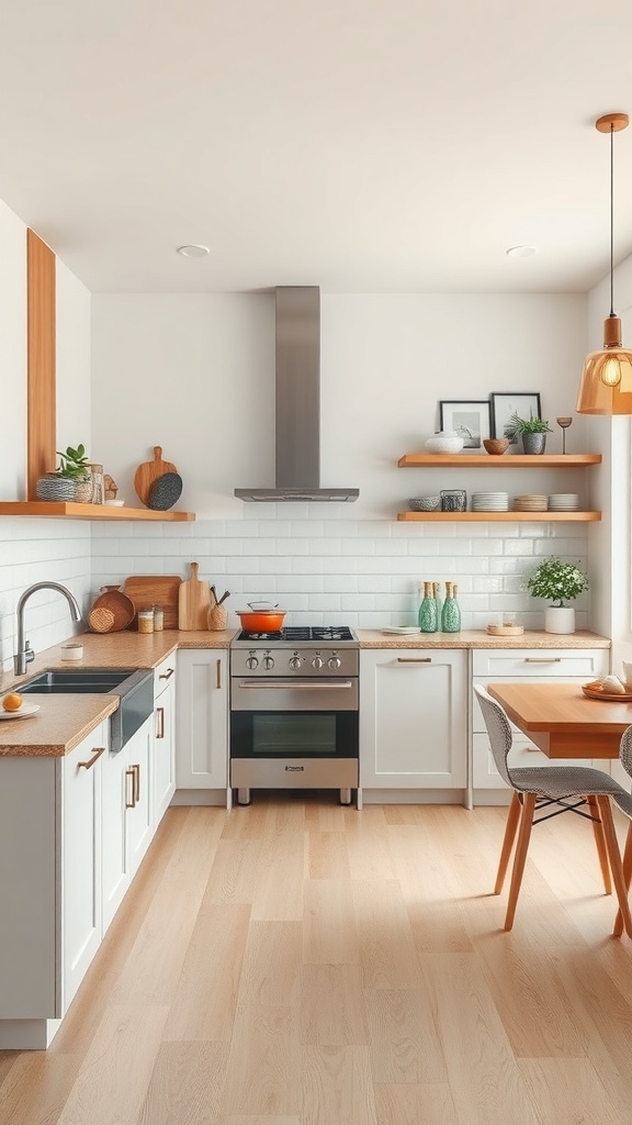 A modern apartment kitchen featuring open shelving, a gas stove, and a cozy dining area.