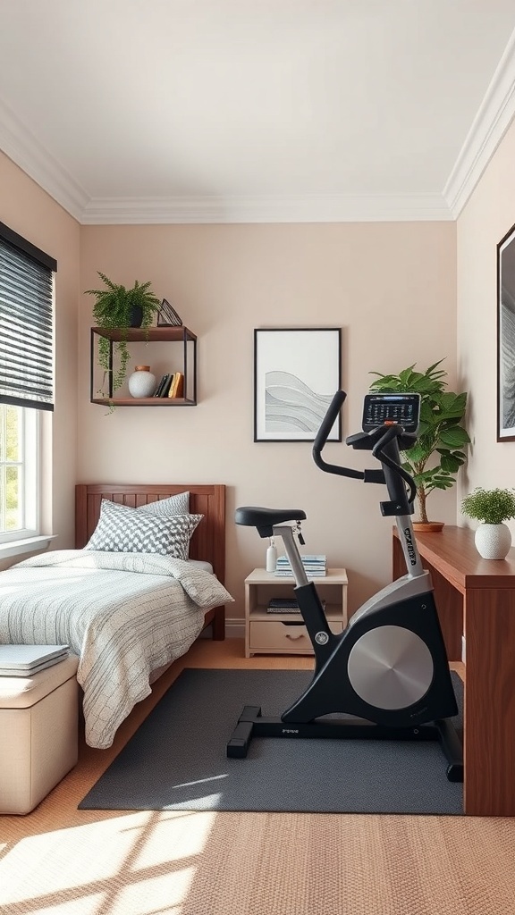 A small teen bedroom featuring a workout bike, a bed, and a shelf with plants.