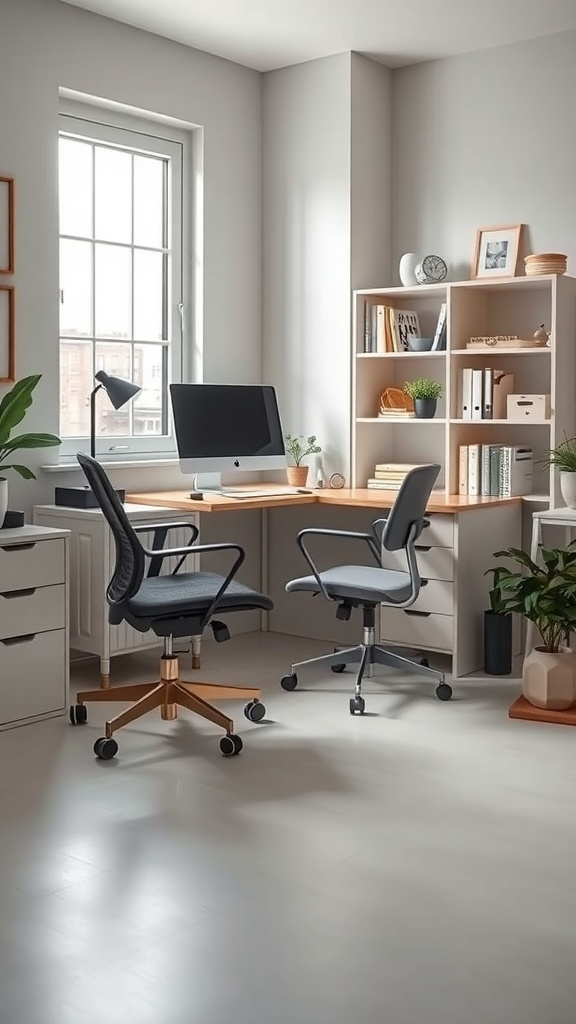 A modern home office with a spacious desk, comfortable chairs, and shelves filled with books and plants.