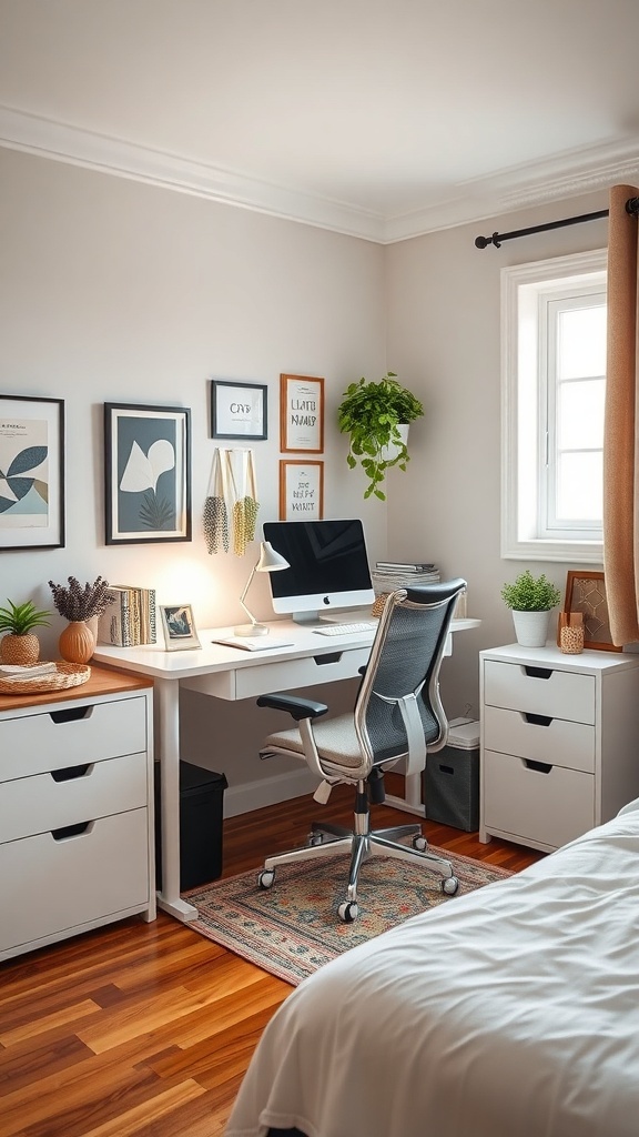 A functional workstation in a single bedroom featuring a desk, ergonomic chair, and decorative plants.