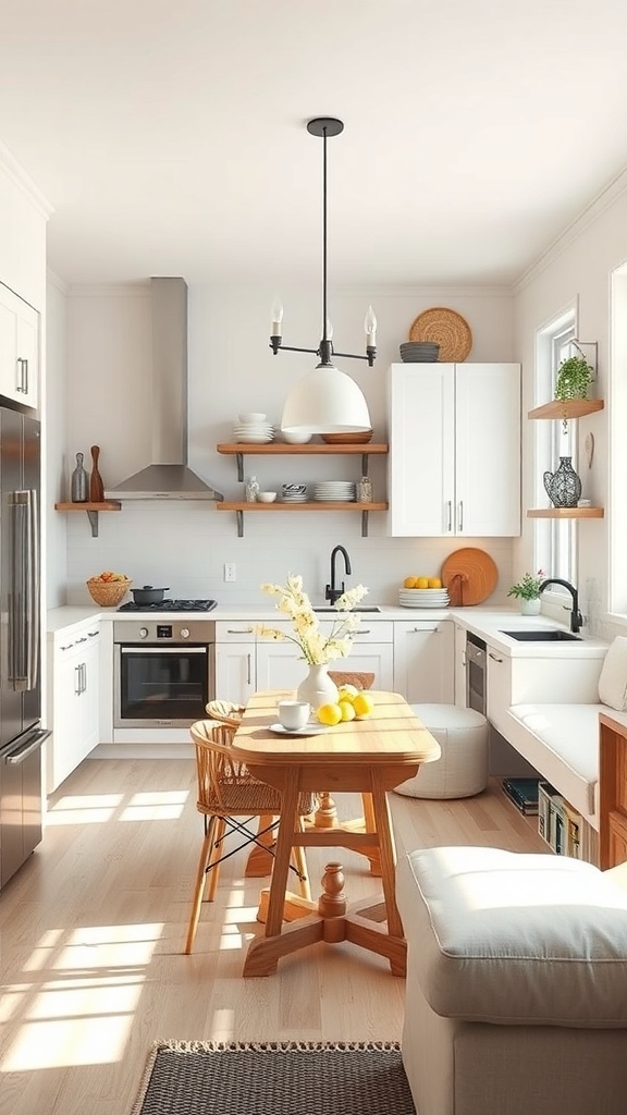 A bright and inviting kitchen with a wooden table, comfortable seating, and open shelving.