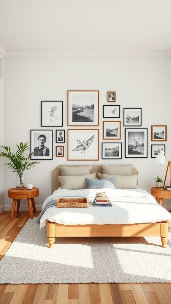 A cozy bedroom featuring a gallery wall with various framed artworks and photographs.