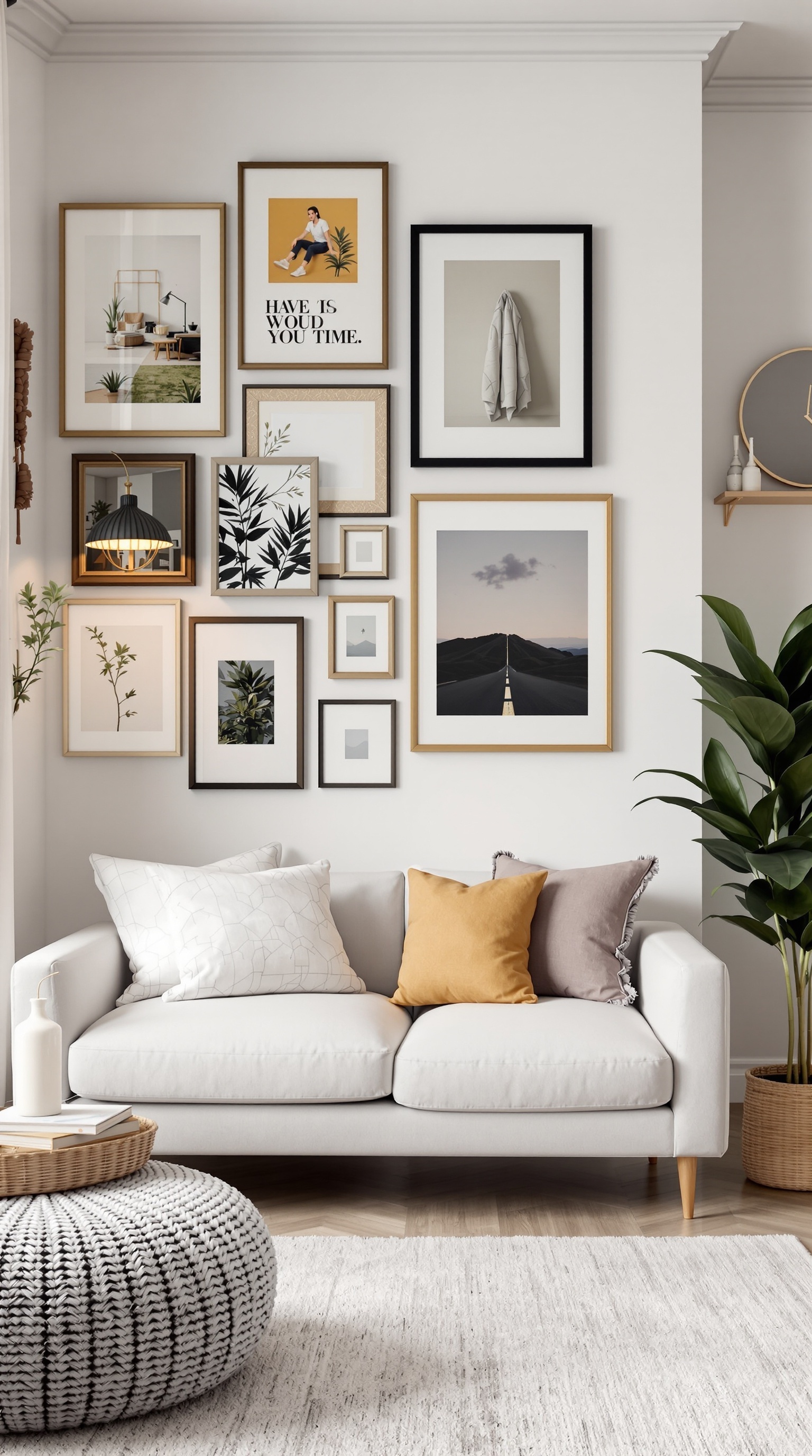A cozy living room with a gallery wall featuring various framed artworks and photographs, complemented by plants and a comfortable sofa.