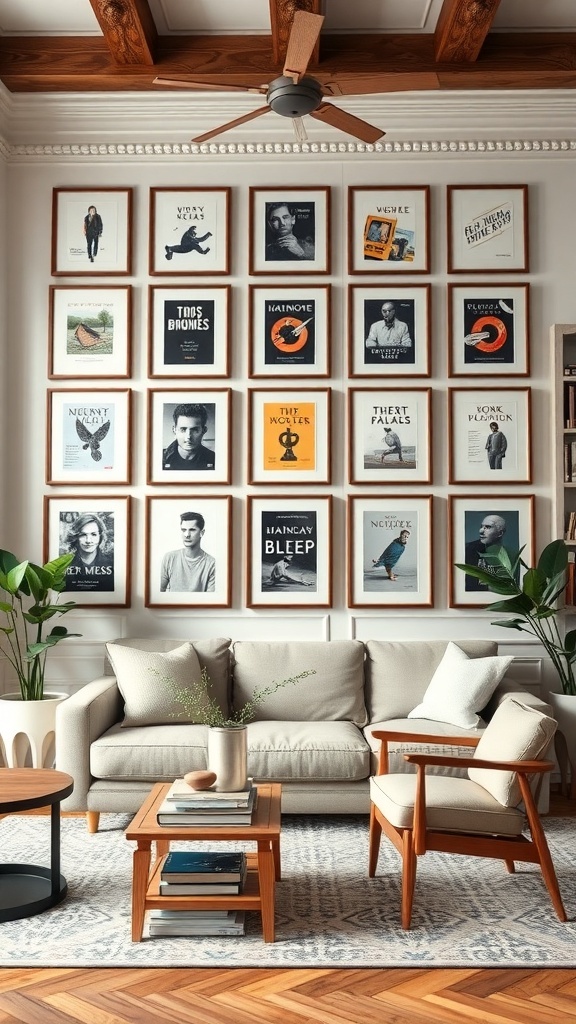 A cozy home library featuring a gallery wall of framed book covers, with a comfortable sofa and armchair.