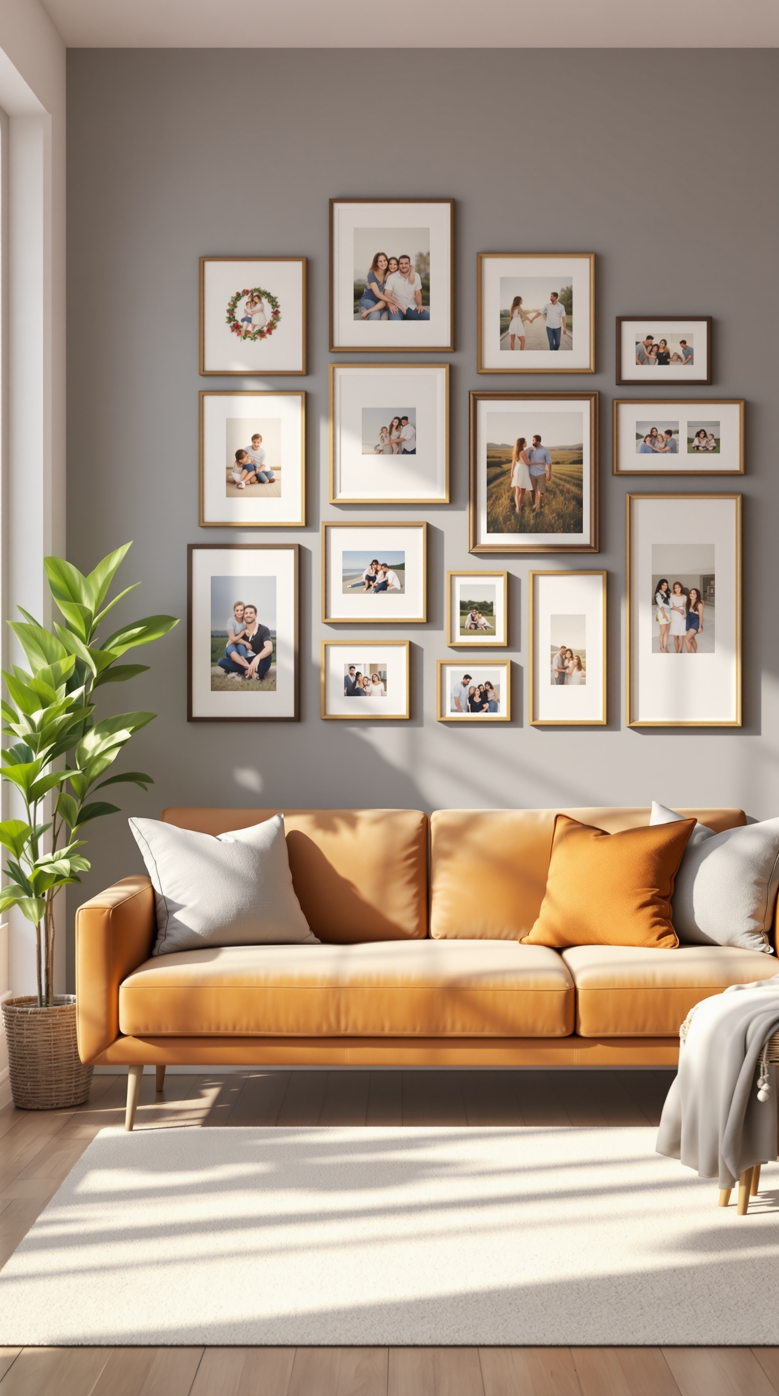 A cozy living room with a gallery wall of family pictures, featuring various framed photos and a warm orange sofa.