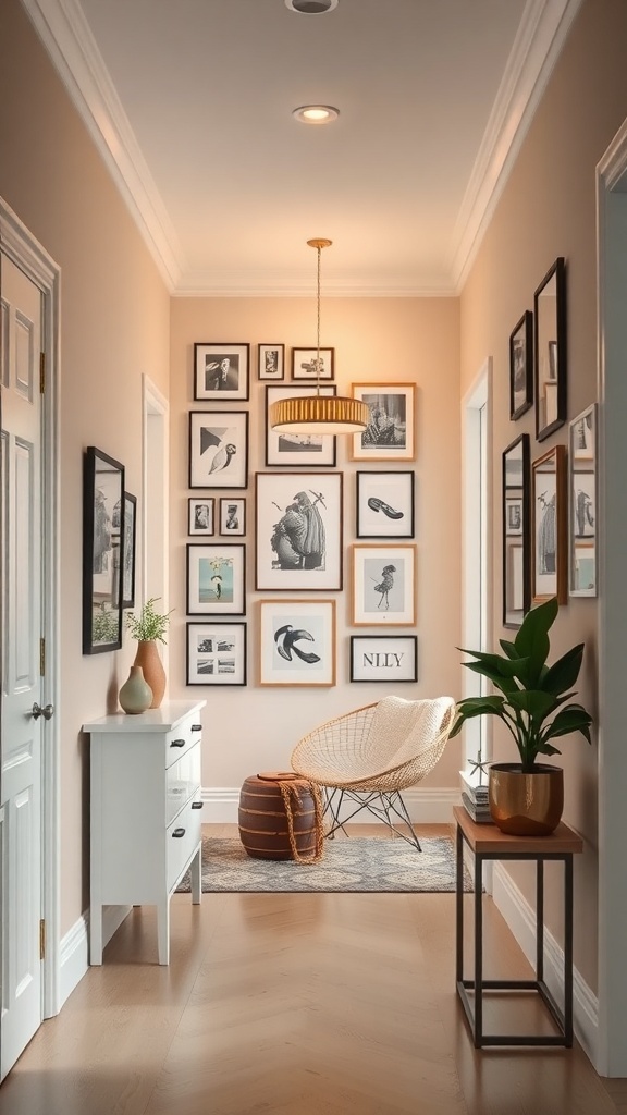 A small hallway featuring a gallery wall with framed art, a cozy chair, and plants.