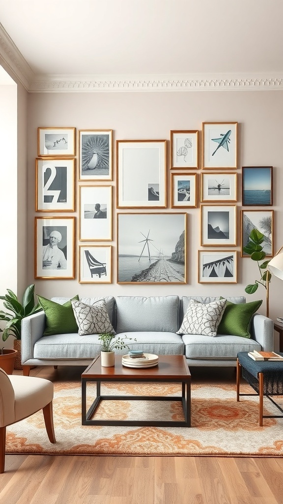 Cozy living room with a gallery wall featuring various framed artworks and photographs.