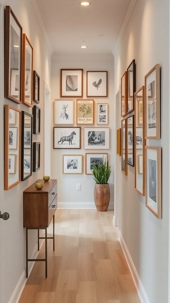 A narrow hallway featuring a gallery wall with framed art and a small console table.