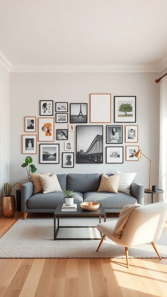A stylish gallery wall featuring a mix of framed black and white photos and art pieces above a gray sofa in a cozy living room.