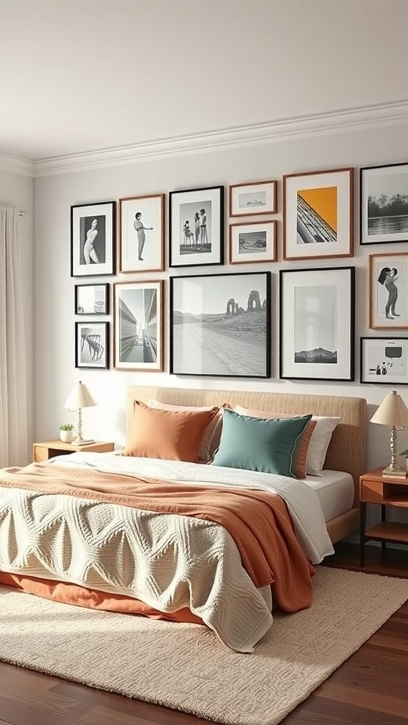 A cozy bedroom featuring a gallery wall with various framed artworks and photographs.