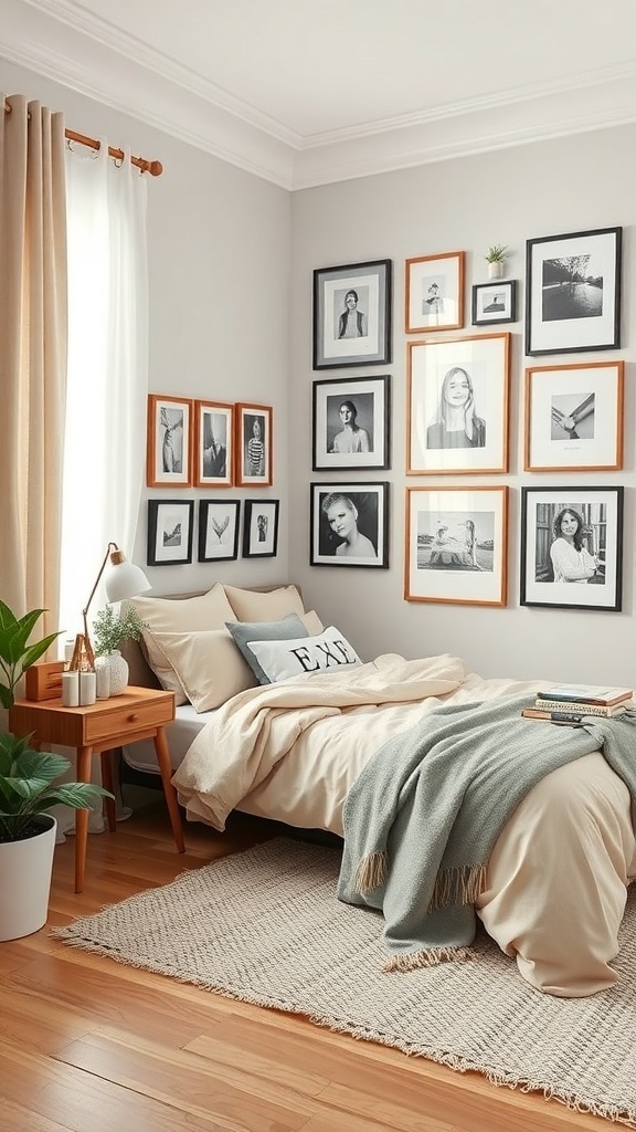 A cozy bedroom with a gallery wall featuring framed black and white photos, a bed with neutral bedding, and a small wooden nightstand.