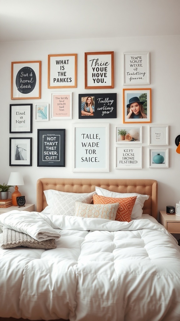 A cozy teen bedroom featuring a gallery wall with various framed artworks and quotes.