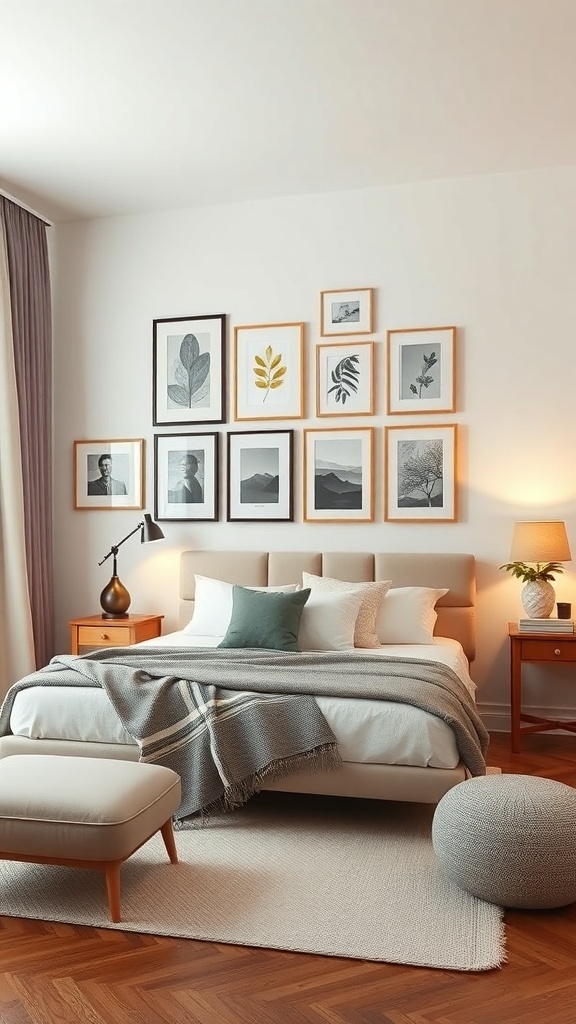 A cozy single bedroom featuring a gallery wall with framed art pieces.