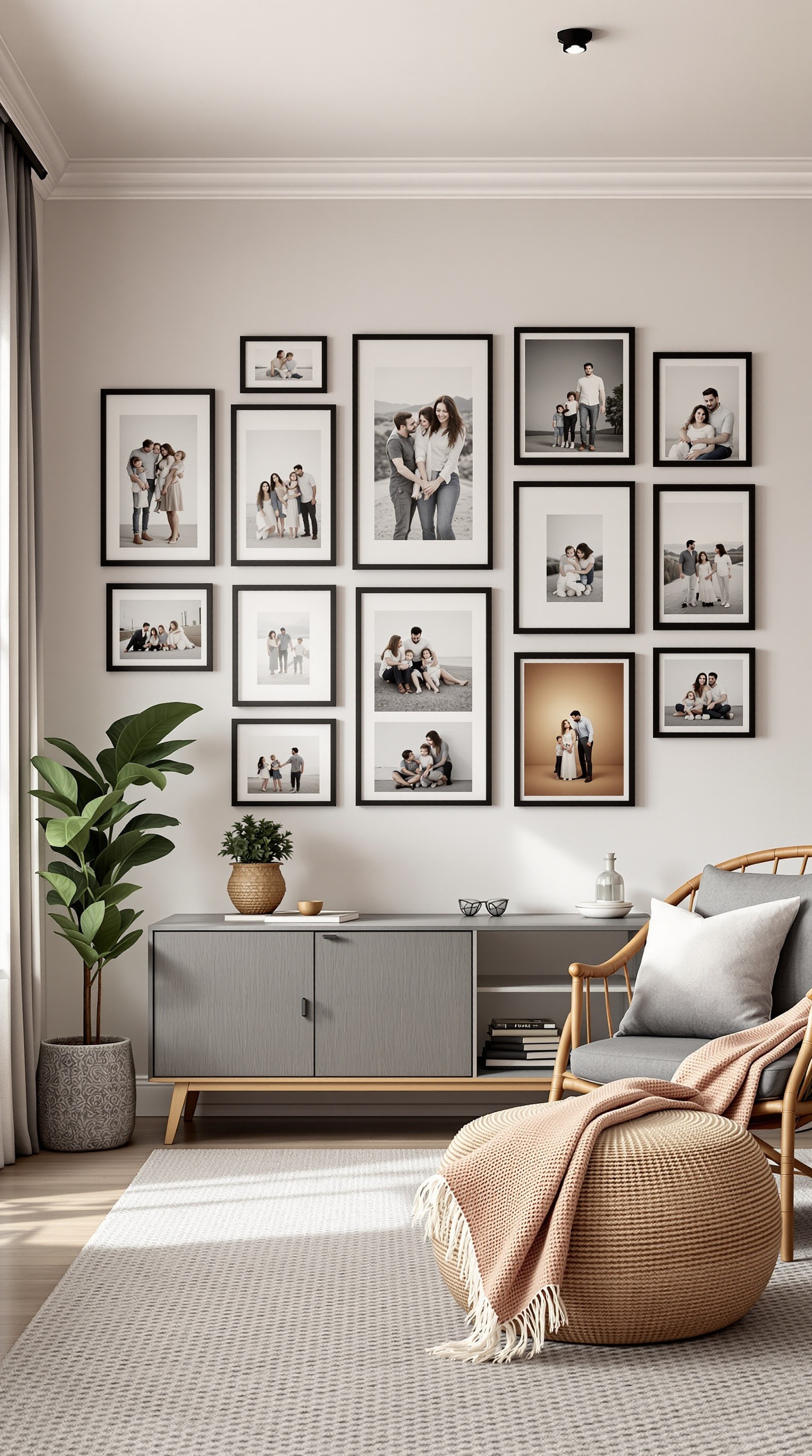 A gallery wall featuring family portraits in various frames, with a cozy living room setup.