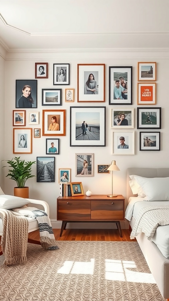 A cozy dorm room with a gallery wall of framed photos, showcasing personal memories.