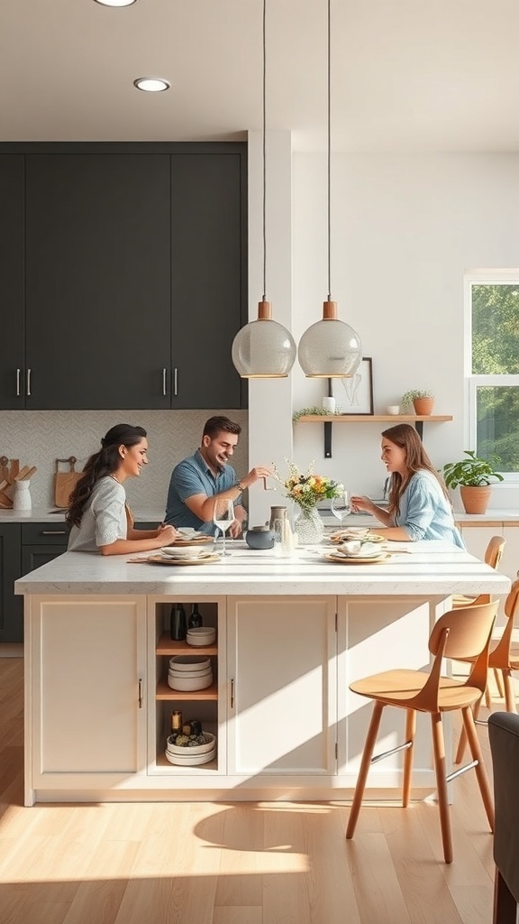 Three friends enjoying a meal together in a cozy kitchen with a modern design.