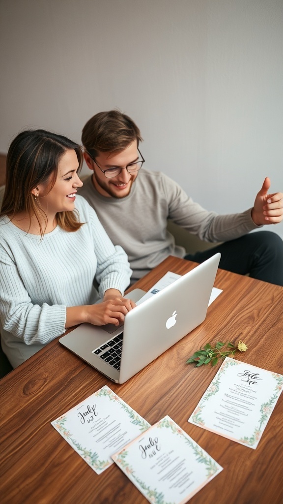 A couple happily creating their guest list for a microwedding, with invitations spread on the table.