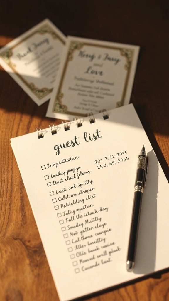 A handwritten guest list for a wedding, with a pen resting on it, alongside elegant wedding invitations.