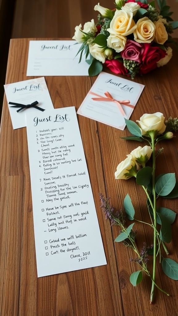 An organized guest list along with floral arrangements on a wooden surface.