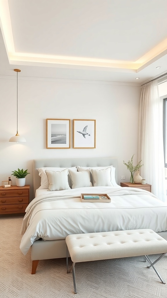 A neutral bedroom featuring a light-colored bed, bedside tables, and soft decor.