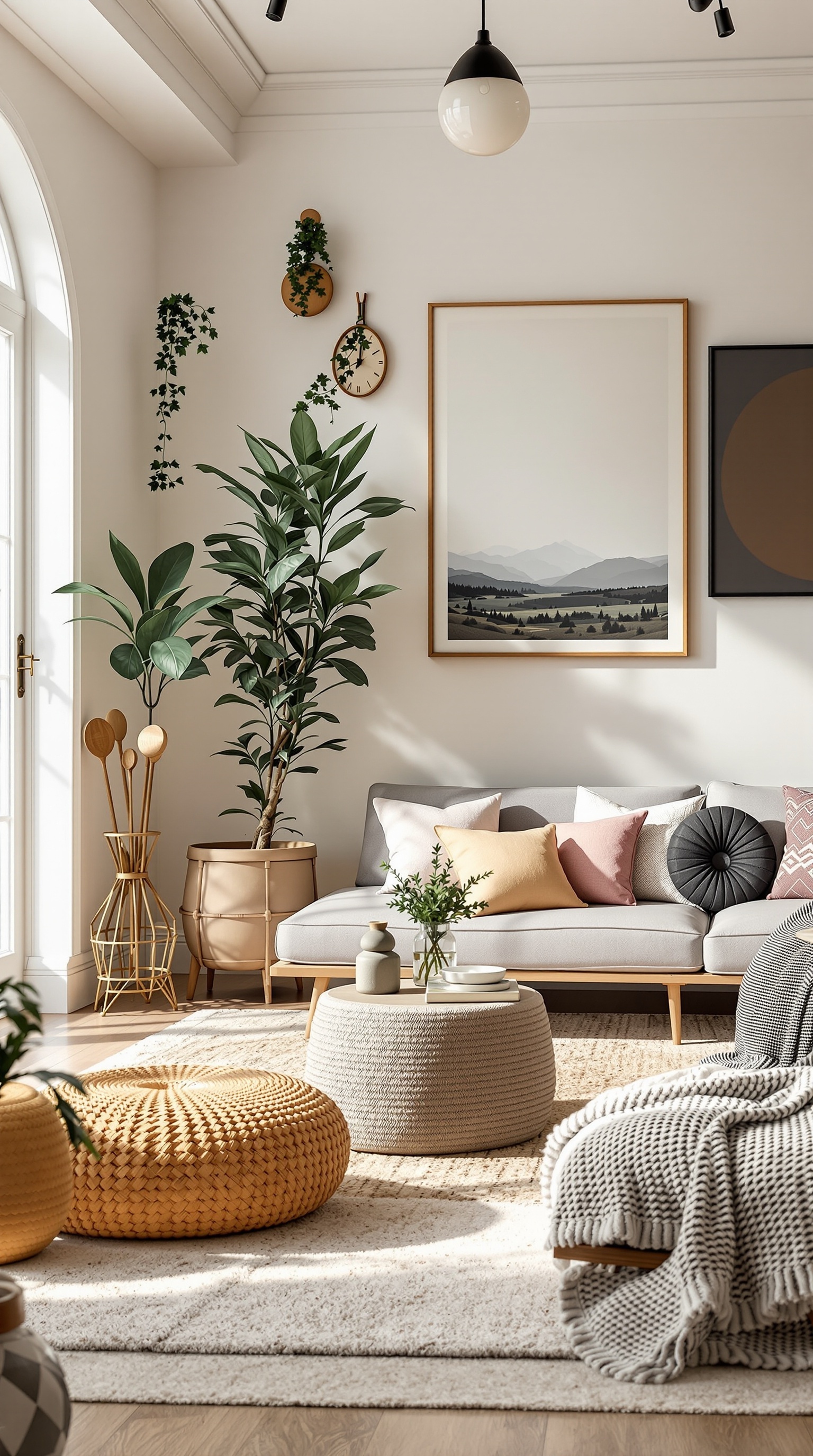 A stylish family room featuring a light-colored sofa with colorful cushions, a round coffee table, plants, and wall art.