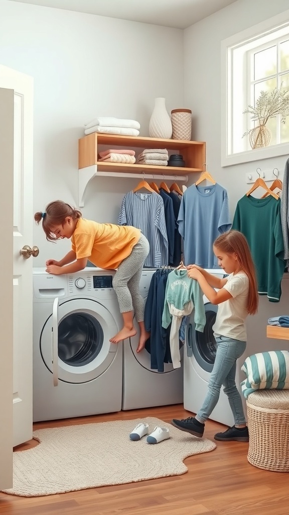 Two children engaging in laundry tasks, one climbing on a washing machine and the other sorting clothes.