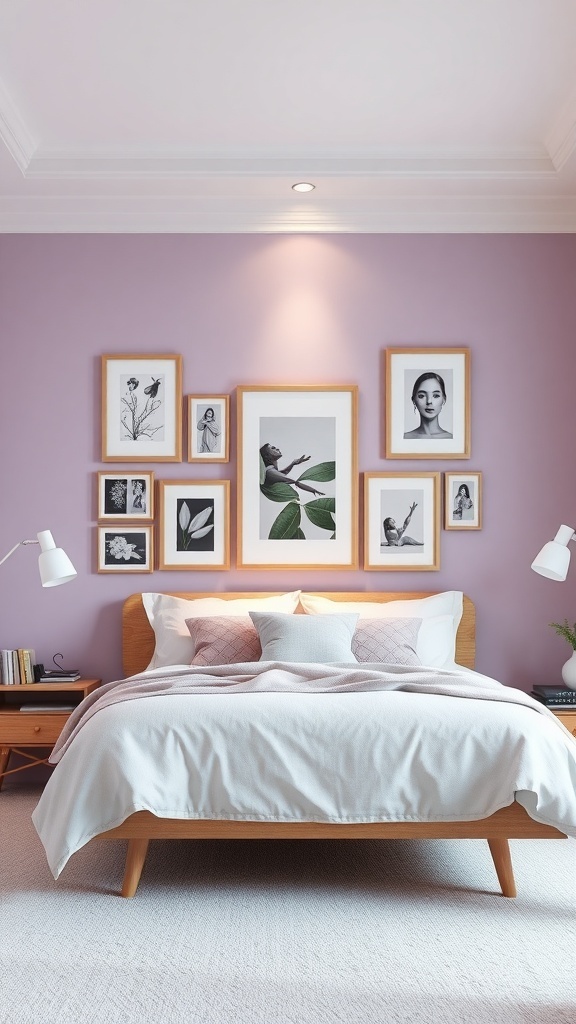A lilac bedroom with a gallery wall featuring various framed artworks.