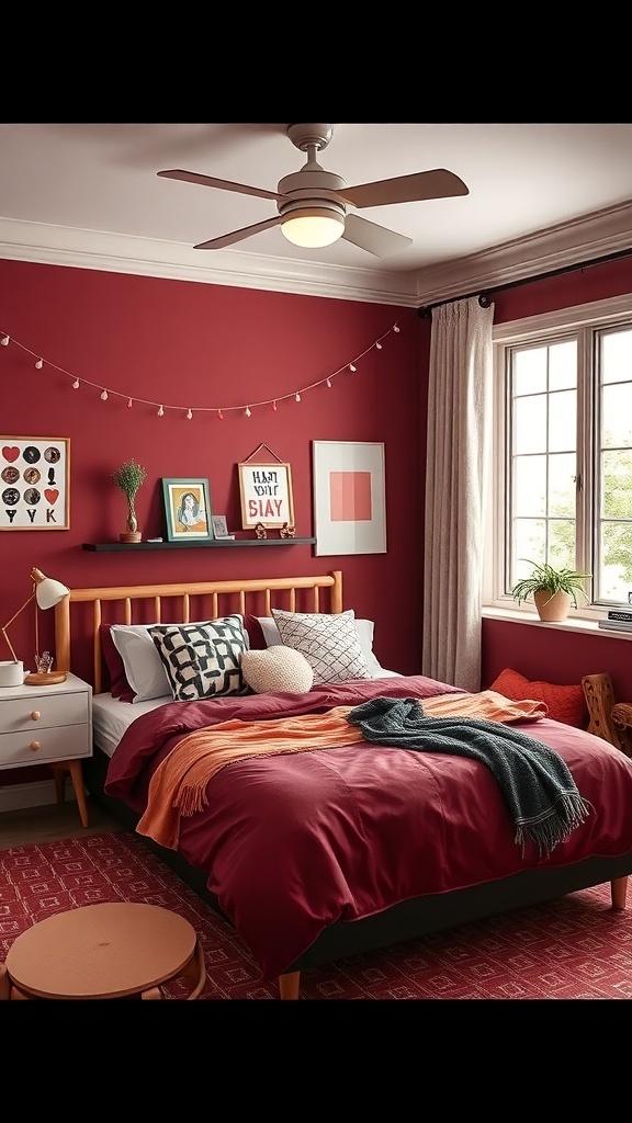 A cozy maroon bedroom featuring a bed with a maroon comforter, colorful throw blankets, framed artwork on the walls, and a stylish ceiling fan.