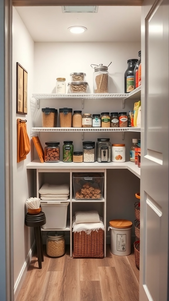 An organized pantry with shelves filled with jars, containers, and baskets for meal prep.