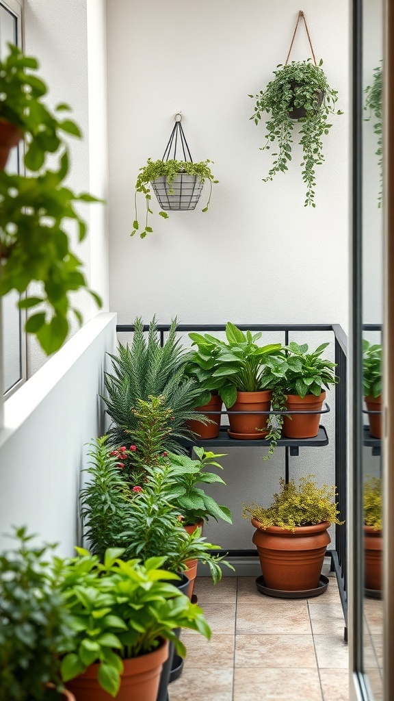 A cozy balcony with a mini herb garden featuring various potted plants.
