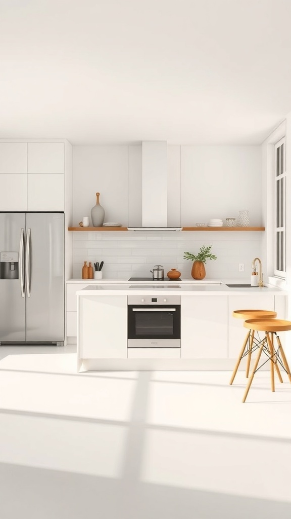A minimalist kitchen with white cabinetry, a wooden shelf, and a few decorative items.