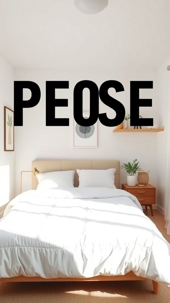 A small cozy bedroom with a minimalist design featuring a bed with white linens, potted plants, and framed artwork.