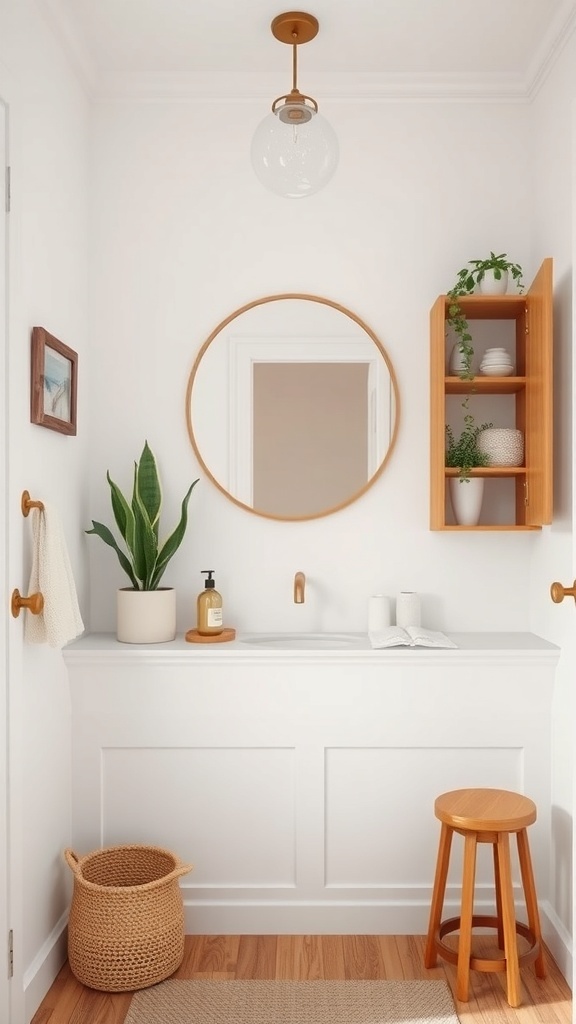A small, minimalist bathroom with white walls, a round mirror, wooden accents, and plants.