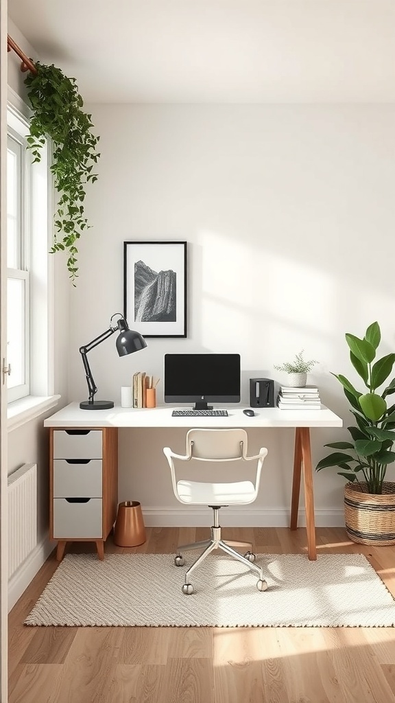 A minimalist desk setup in a tiny home office with a white desk, a comfortable chair, a lamp, and plants.