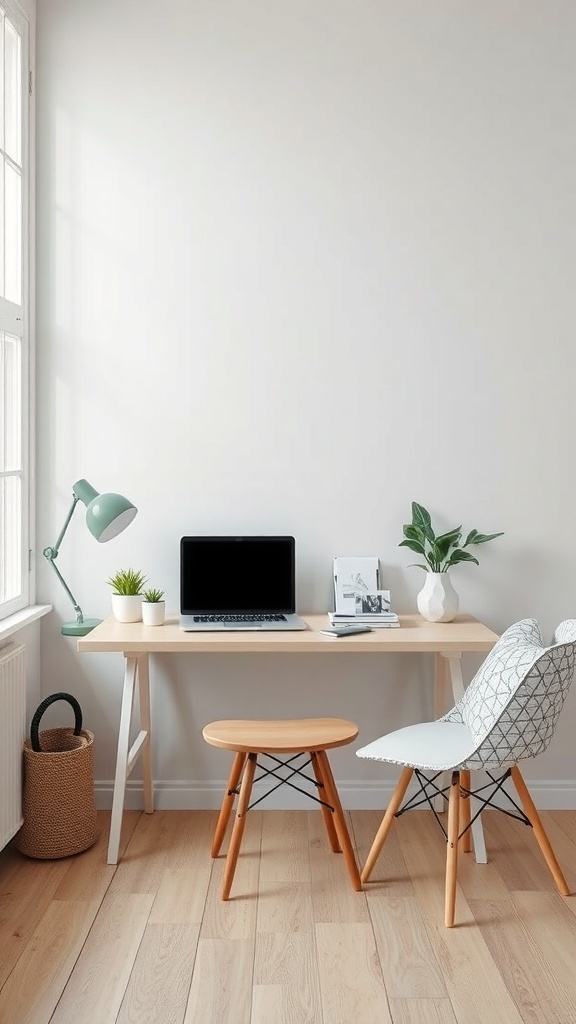 A minimalist desk setup featuring a light wood desk, laptop, green lamp, and a small plant.