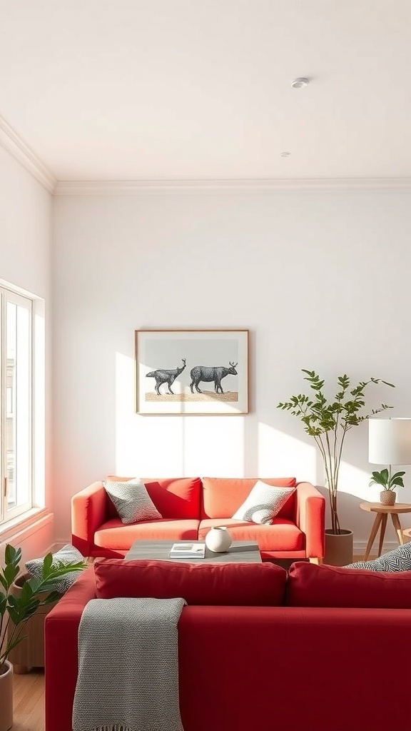 A bright living room featuring red couches, a coffee table, plants, and artwork on the wall.