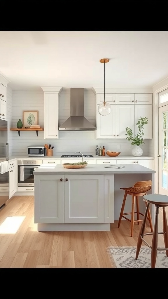 A cozy galley kitchen featuring a multi-functional island with stools, bright lighting, and modern appliances.