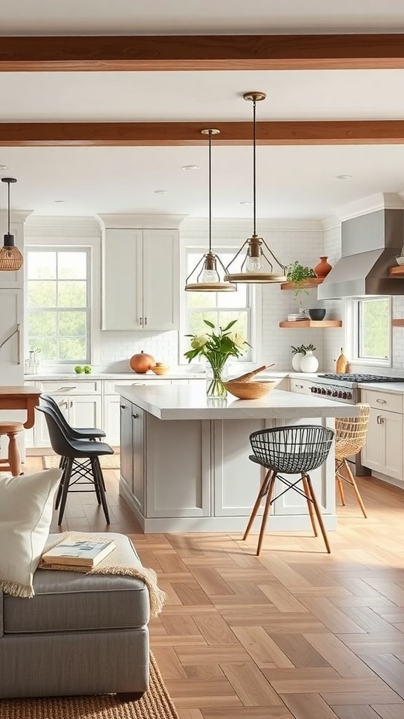 A modern kitchen with a multi-functional island featuring seating, stylish decor, and a warm atmosphere.