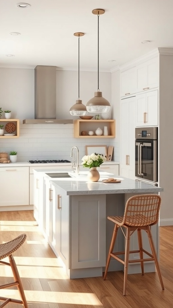 A bright kitchen featuring a narrow island with a light countertop and bar stools, accented by stylish hanging lights.