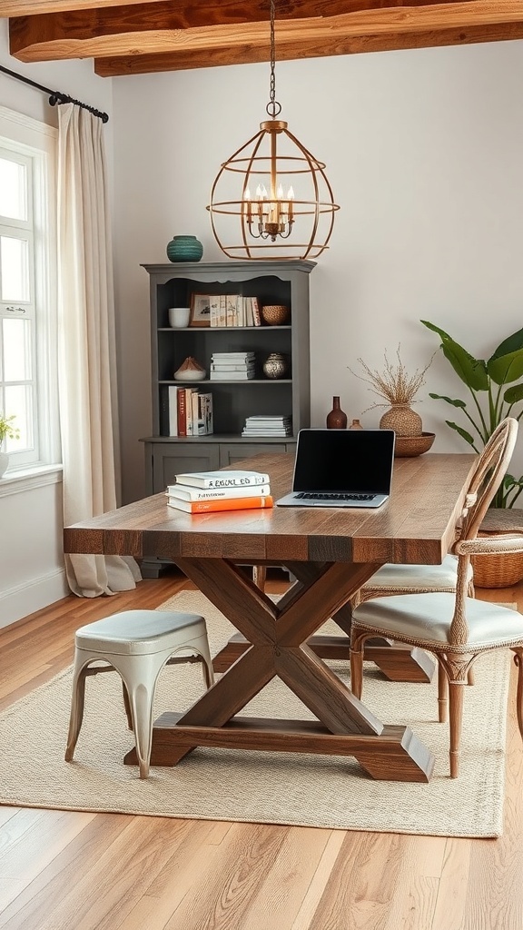 A rustic dining table with an X-shaped base, surrounded by casual seating and decor.