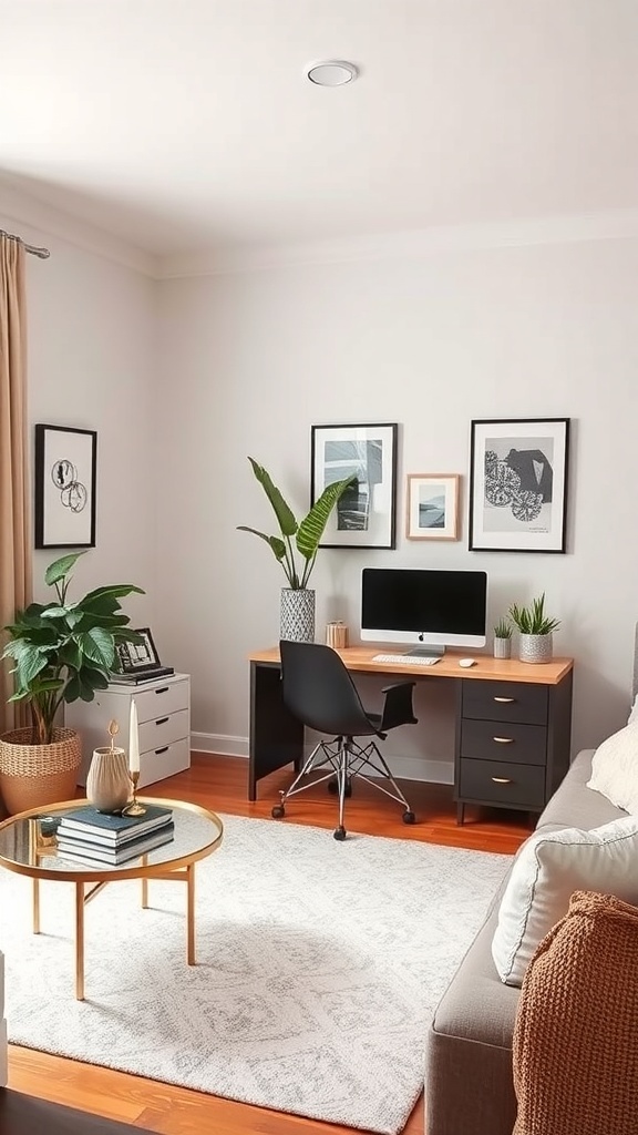 A multi-functional room featuring a workspace with a desk and computer, a cozy seating area, and decorative plants.